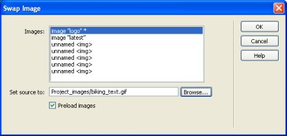 Swap Image dialog box from Dreamwaever screen